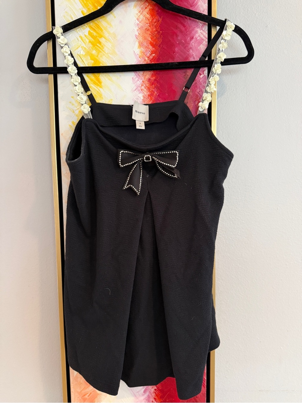 Maeve Black Tank with Embellished Bow and Floral Straps